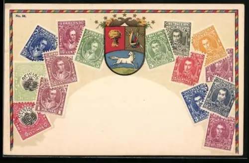 Lithographie Wappen mit Pferd, Heu und Schwertern, Briefmarken von Venezuela, Portrait S. Bolívar