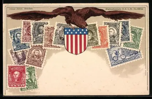 AK verschiedene Briefmarken aus den USA, Adler mit Wappen