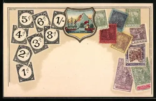 Lithographie Briefmarken und Wappen von Trinidad