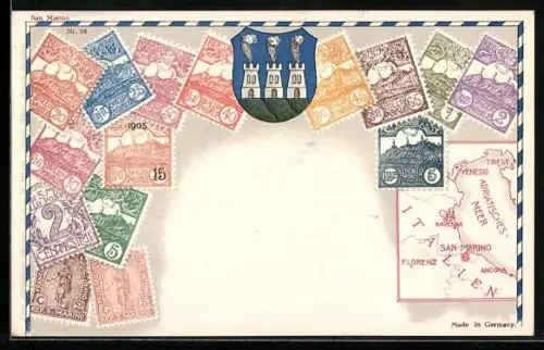 AK San Marino, Briefmarken mit Wappen und Landkarte