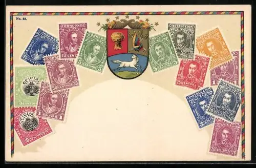 Lithographie Wappen mit Pferd, Heu und Schwertern, Briefmarken von Venezuela, Portrait S. Bolívar