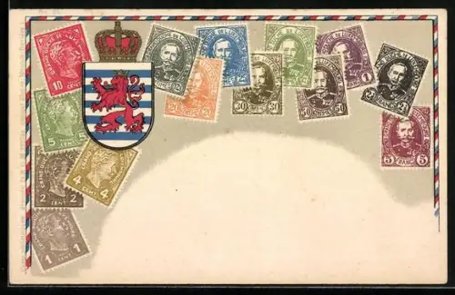 AK Luxemburg, Briefmarken und Wappen mit Krone
