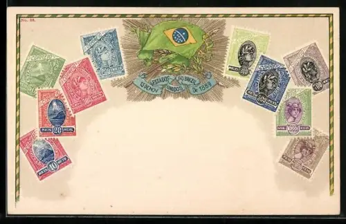 AK Brazil, Flagge mit Briefmarken