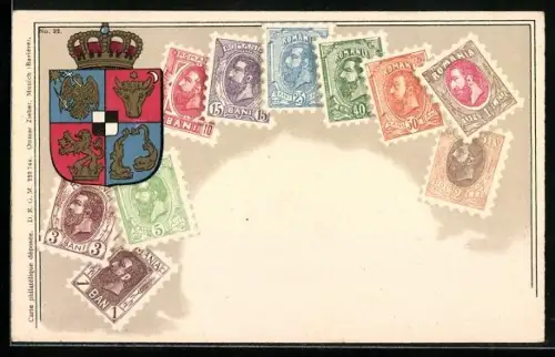 AK Briefmarken aus Romania, Wappen mit Krone