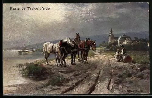 AK Rastende Treidelpferde am Abend