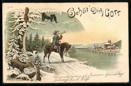 AK Behüt Dich Gott!, Reiter mit Fanfare vor einer Ortschaft im Winter