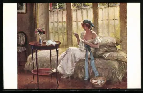 AK Heimarbeit, Junge Frau sitzt bei Näharbeit auf einem Bett