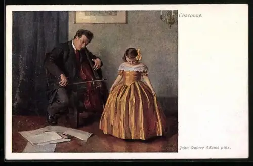 AK Cello-Spieler mit kleinem Mädchen im goldenen Kleid