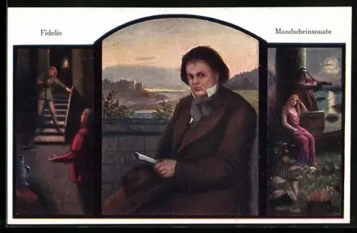 Künstler-AK Komponist Ludwig van Beethoven im Anzug, Fidelio, Mondscheinsonate
