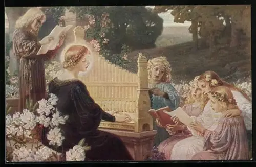 AK Fünf Mädchen sitzen singend um eine Frau mit Heiligenschein an der Orgel herum