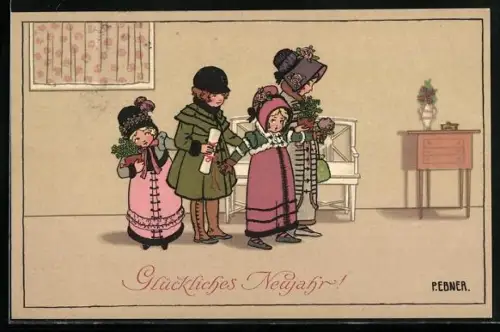 Künstler-AK Pauli Ebner: Kinder mit Papierrolle und Pflanzen, Neujahrsgruss