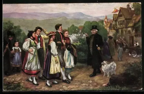 AK eine Gruppe in Schwarzwälder Tracht bei der Kirmes-Vorfeier