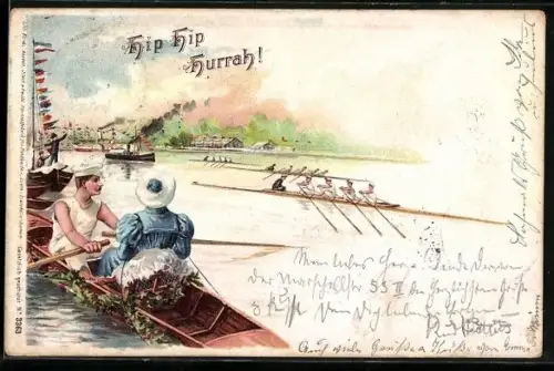 Lithographie Paar in einem Ruderboot sieht eine Rudermannschaft