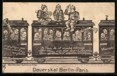 AK Propaganda 1. Weltkrieg, Soldaten spielen in der Eisebahnskat auf der Fahrt an die französ. Front