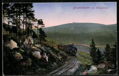 AK Brocken, Brockenbahn fährt am Königsberg vorbei mit Blick zum Brocken