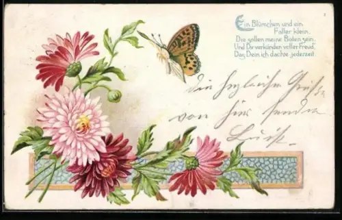 AK Schmetterling tanzt um einen Blumenstrauss, Gedicht