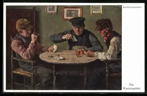 Künstler-AK Drei alte Kartenspieler am Gasthaustisch