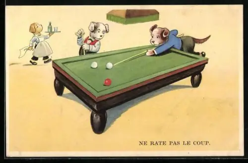 AK Hunde in Kleidung beim Billard im Gasthaus, Serviererin