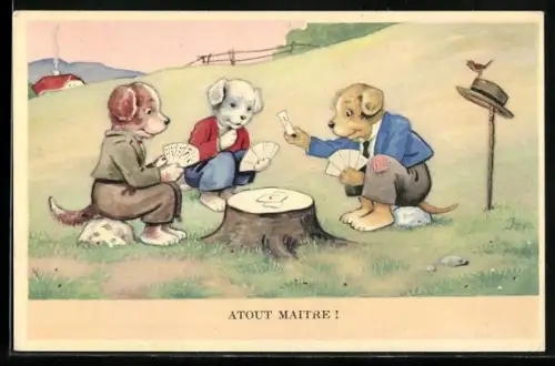 AK Drei Hunde spielen auf einer Wiese Skat