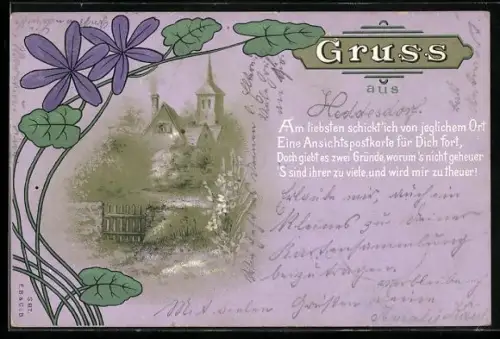 AK Haus in der Idylle, Veilchen als Rahmen, Jugendstil um 1900
