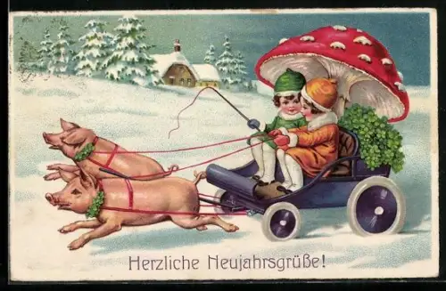 Lithographie Mädchen mit Pilz im Schlitten von Schweinen gezogen