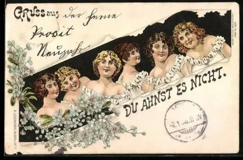 Lithographie Neustadt /Orla, Halbporträts von Debütantinnen in weissen Ballkleidern und Blüten