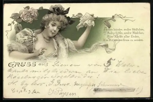 Lithographie Andre Länder..., Winkende junge Dame, Rosen, Ansichtskartengeschichte