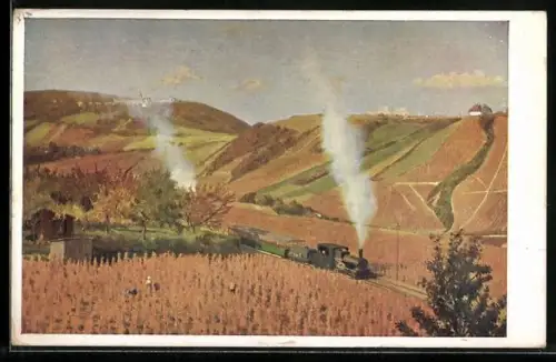 Künstler-AK Brüder Kohn (B.K.W.I) Nr. 908-5: Eisenbahn fährt an Feldern vorüber