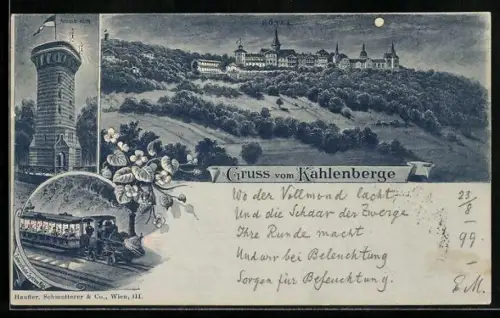 Lithographie Kahlenberg, Hotel, Aussichtsturm, Zahnradbahn System Rigi