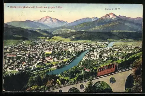 AK Innsbruck, Teilansicht mit Hungerburgbahn gegen Süden mit Series und Saile