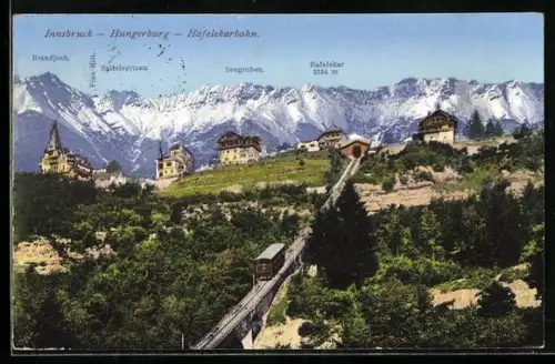AK Innsbruck, Hungerburg - Hafelekarbahn mit Bergpanorama, Bergbahn
