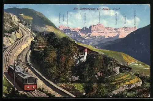 AK Bolzano, Rittnerbahn mit Signaterkopf und Tscheinerspitzen