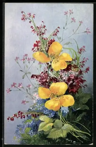 Künstler-AK Mary Golay: Vergissmeinnicht und andere Blumen