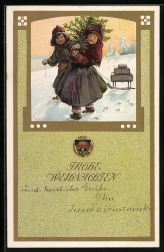 Lithographie Deutscher Schulverein: Frohe Weihnachten, Kinder mit Schlitten, Weihnachtsbaum und Geschenken im Schnee