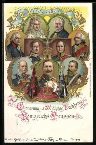 Lithographie Königreich von Preussen, 200jähriges Bestehen, 1701-1901, Friedrich I., Friedrich Wilhelm III.
