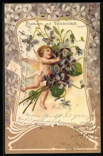 Duft-AK Kleiner Engel mit einem Veilchenstrauss