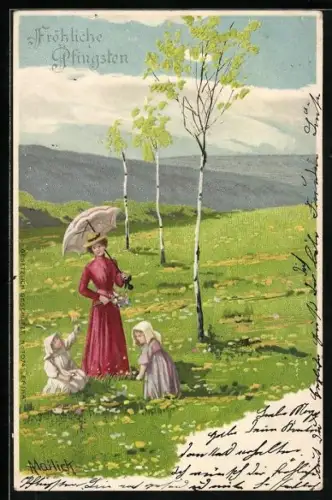 Künstler-AK Alfred Mailick: Frau mit Kindern auf einer Blumenwiese, Pfingstgruss