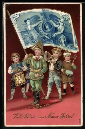 AK Kinder mit Geld-Fahne, Neujahrsgruss