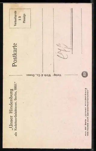 AK Hindenburg als Kadetten-Selektaner, Berlin 1865