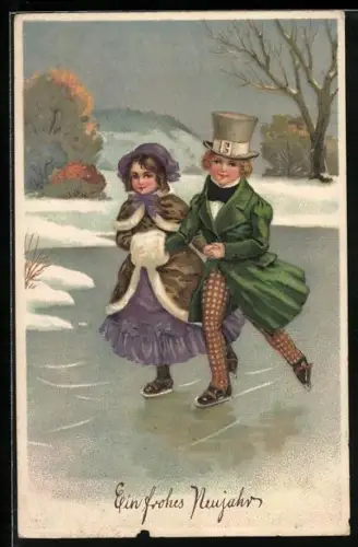 AK vornehemes Kinderpaar fährt Schlittschuh