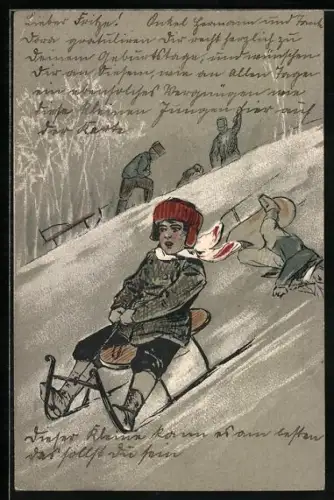 Lithographie Kinder beim Rodeln, Schlitten