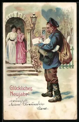 Lithographie Postbote mit Briefen für die Damen, Neujahrsgruss
