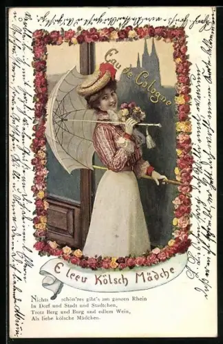 AK Köln, E leev Kölsch Mädche, Frau mit Hut und Schirm