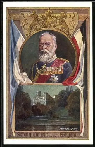 AK Deutscher Schulverein NR. 793: Porträt König Ludwig II. mit vielen Orden und Schloss Berg
