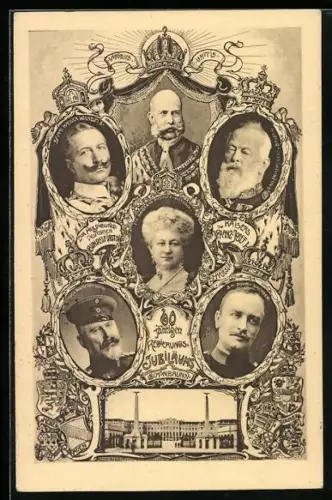 AK Zur Huldigung des Deutschen Bundesfürsten Kaiser Franz Josef I. von Österreich, Wilhelm II., König von Sachsen u.a.