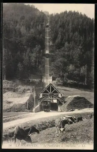 AK La Bourboule, Le Funiculaire, Bergbahn im Wald mit Kühen