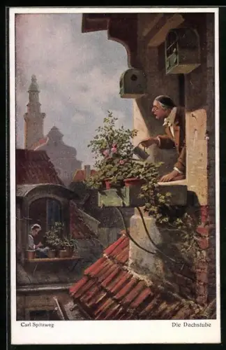 Künstler-AK Carl Spitzweg: Die Dachstube, Mann giesst Blumen am Fenster