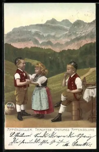 AK Appenzeller Kinder beim Tanzen, Knabe spielt Mundharmonika