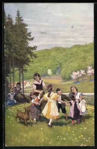 Künstler-AK Paul Hey: Kinder tanzen mit Hund auf der Wiese