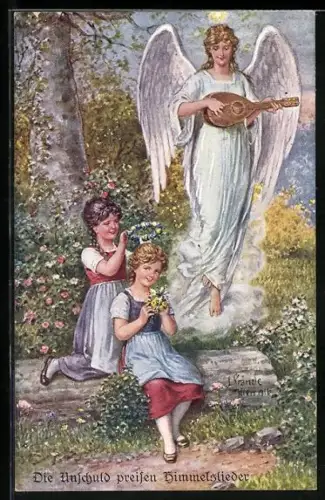 Künstler-AK Kränzle: Engel und Mädchen mit Blumenkränzen